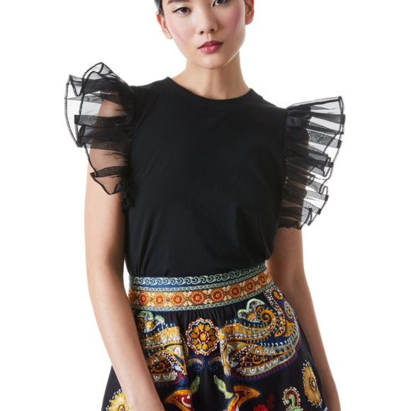 Alice & Olivia black tank with ruffle organza sleeve. Retail $225.  Size L - Picture 3 of 11